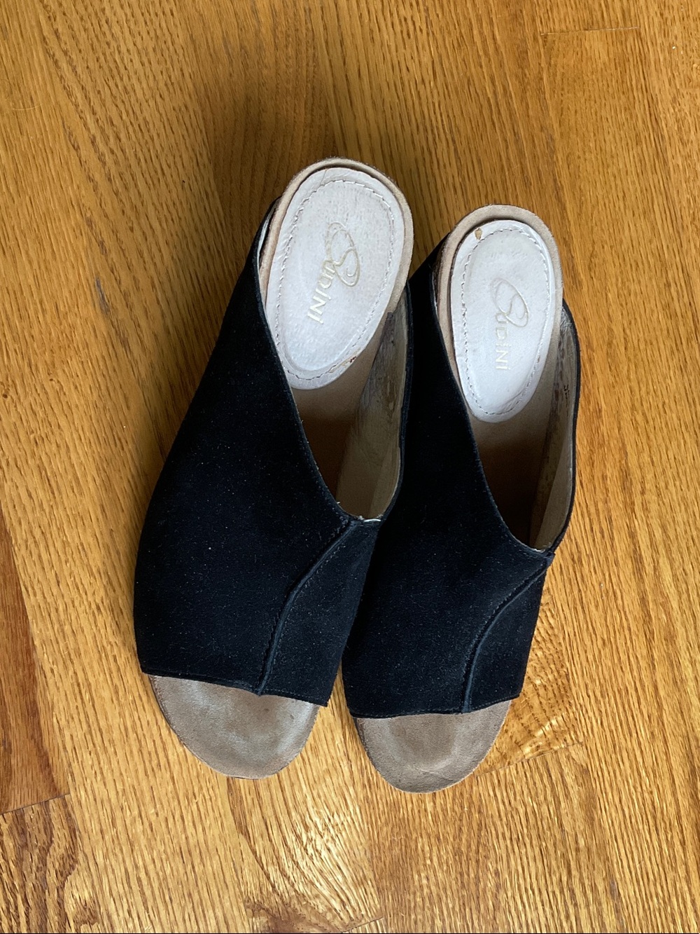 Sudini “Bailey” Black Suede Open-Toe Slip-On  Wedge Mules